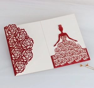 Detailed laser-cut rose and girl silhouette on glitter red wedding invitation card