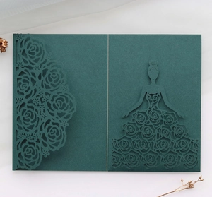 Close-up of laser-cut rose textures and elegant female silhouette on dark green card