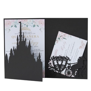 Laser cut black castle and carriage wedding invitation card set with floral inner page