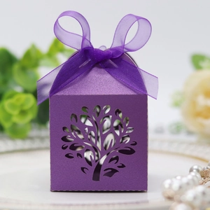 Macro detail of laser-cut tree design on purple gift box with a soft organza ribbon