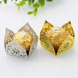 Laser-cut floral hollow chocolate wrappers in gold and iridescent silver metal finish