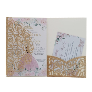 Detailed laser-cut glitter gold rose invitation with floral inner cards and RSVP set