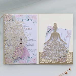 Macro detail of laser-cut glitter rose cover with elegant floral insert card
