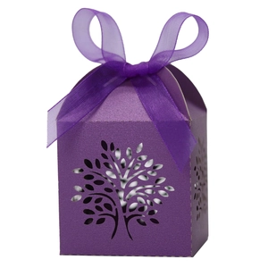 Detailed laser-cut tree design on purple cardstock candy box with sheer organza ribbon