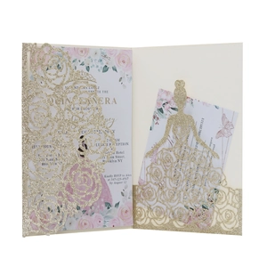 Detailed laser-cut floral invitation with golden glitter cover and pink rose patterns