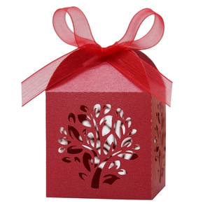 Detail of red laser-cut tree gift box with elegant matching ribbon and bow decoration