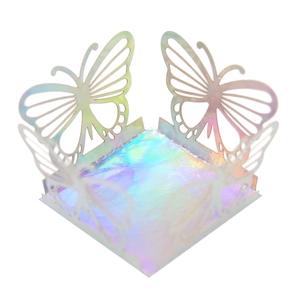 Macro detail of laser-cut hollow butterfly candy box with iridescent mirror finish