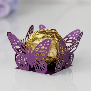 Detailed laser cut purple butterfly chocolate holder tray for festive party favors