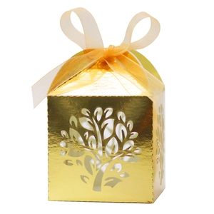 Laser cut Tree of Life gold favor box with elegant yellow ribbon for wedding gifts