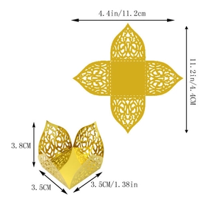 Detailed size guide for gold laser-cut candy boxes with dimensions in cm and inches