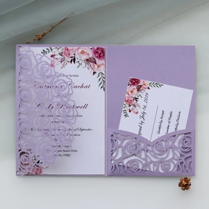Elegant purple laser cut floral wedding invitation set with RSVP card and floral insert