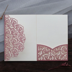 Detailed laser-cut rose floral wedding invitation card with glitter finish and inner sheet