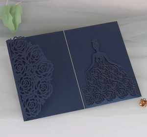 Detail of navy blue laser-cut wedding invitation featuring rose patterns and female silhouette