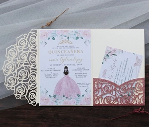 Detail view of laser-cut rose invitation with rose gold glitter inner pocket and RSVP card