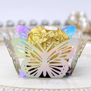 Iridescent laser-cut butterfly cupcake toppers for wedding and party dessert decoration