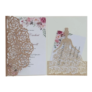 Laser-cut glitter paper wedding invitation with rose hollow design and floral insert card