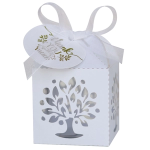 White laser cut tree favor box with ribbon and thank you tag for weddings