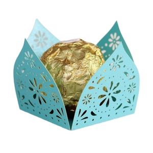 Laser cut light blue pearl paper candy box with intricate floral hollow out design