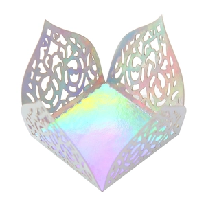 Laser cut iridescent mirror paper gift box with intricate hollow lace pattern detail