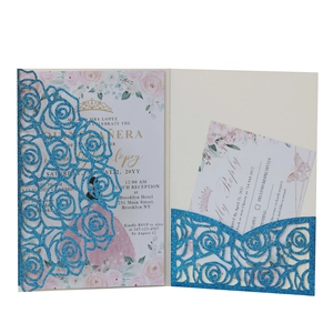 Blue glitter laser cut rose invitation set for Quinceañera with floral RSVP cards