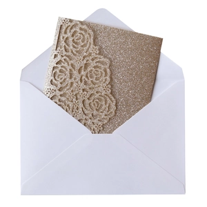 Detailed laser cut gold glitter rose invitation card with a premium white envelope set