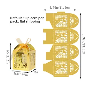 Dimensioni e vista 3D di scatole per bomboniere dorate tagliate al laser