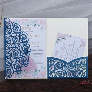 Detailed laser-cut navy blue glitter rose invitation set for weddings and celebrations