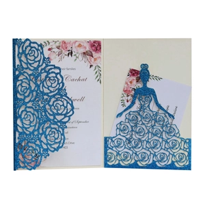 Navy blue glitter laser cut wedding invitation with rose pattern and girl dress silhouette