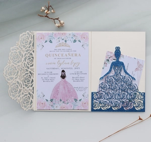 Detailed laser cut rose pattern and glittery blue princess silhouette invitation card
