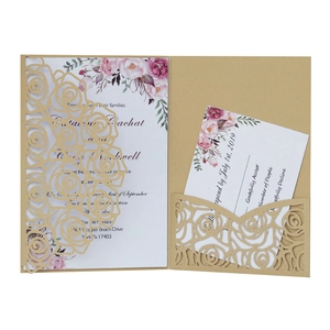 Detail of laser-cut rose hollow pocket invitation and watercolor floral RSVP card set
