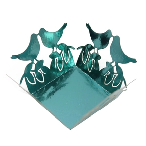 Detailed laser-cut turquoise metallic favor box with elegant bird motifs for weddings