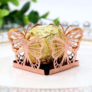 Detail of rose gold butterfly hollow candy box with laser-cut patterns and metallic finish