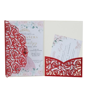 Elegant laser cut rose red glitter wedding invitation suite with floral inner cards and RSVP
