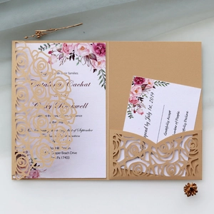 Rustic laser cut rose wedding invitation suite with floral inserts and RSVP card