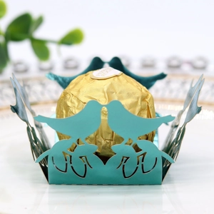 Intricate laser-cut bird and leaf patterns on teal paper chocolate gift box holder
