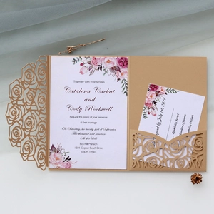 Detailed laser-cut rose card with floral printed insert for wedding invitations