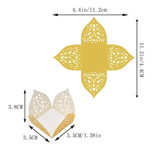 Macro detail of laser cut gold lace favor box with specific size measurements