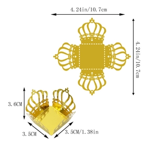 Macro detail of laser-cut gold crown candy box with precise dimensions for party favors