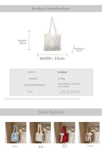 Tableau des tailles pour sac cabas en tricot avec dimensions 35x33x10cm et coloris