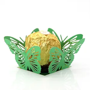Detailed laser-cut green butterfly candy box with hollow patterns for wedding favors