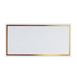 Macro shot of white rectangle place cards with elegant gold foil borders for weddings