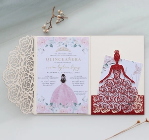 Detail of laser-cut rose envelope and red glitter gown insert for Quinceañera invitations