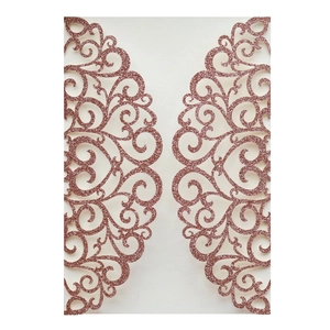 Detail of rose gold glitter laser cut wedding invitation with elegant floral lace pattern