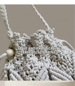 Close-up of bohemian woven bucket bag with intricate macrame patterns and wooden beads