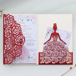 Elegant red glitter laser-cut floral wedding invitation set with floral inner card