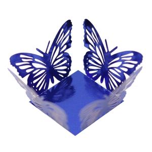 Close-up of blue metallic mirror cardstock box with laser-cut hollow butterfly pattern