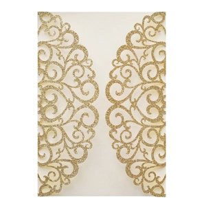 Detail of champagne gold glitter laser cut invitation cover with hollow floral pattern