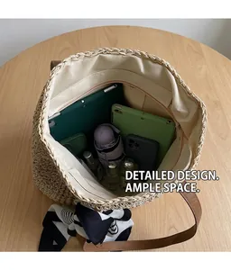 Detailed interior of a beige woven tote bag with tablet and accessories for daily use