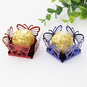 Macro detail of laser-cut hollow butterfly candy boxes in metallic red and blue colors
