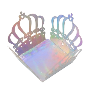 Laser-cut crown candy box with iridescent mirror finish and intricate hollow pattern